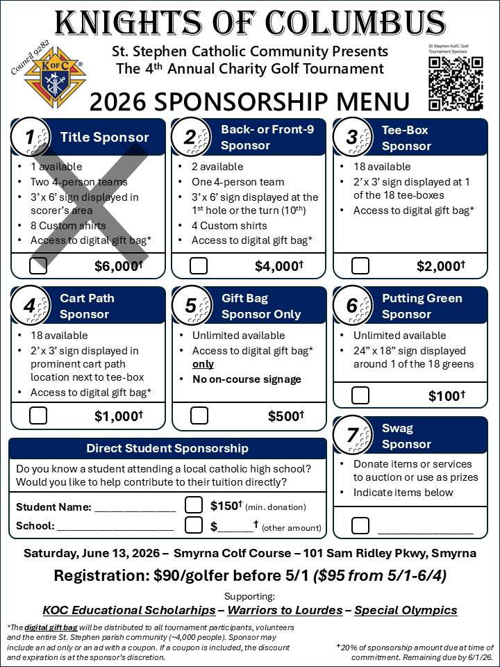 Golf Tournament Sponsorship Menu 2026